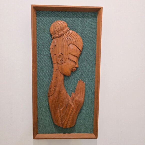 Other - MCM Framed Carved Teak Wood Silhouette Woman Praying on Green Wall Hanging Art